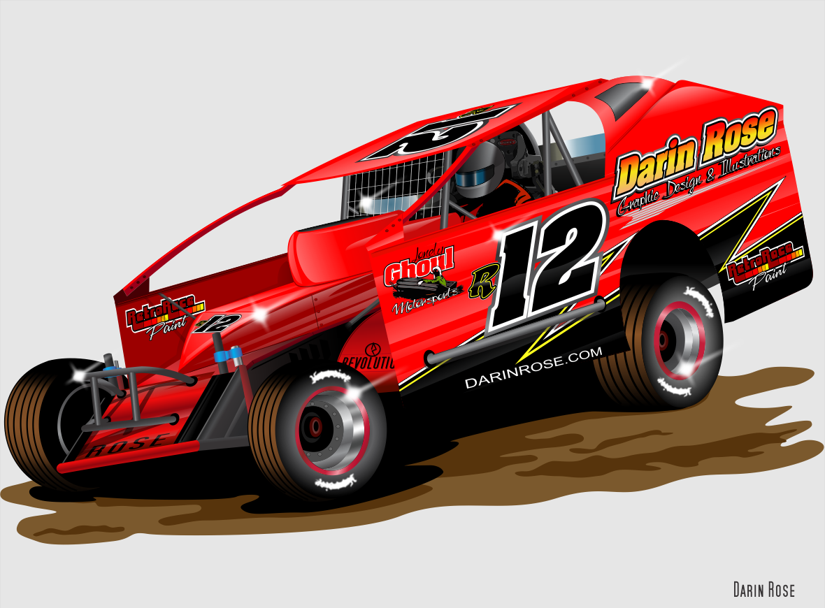 red and black dirt race car illustration